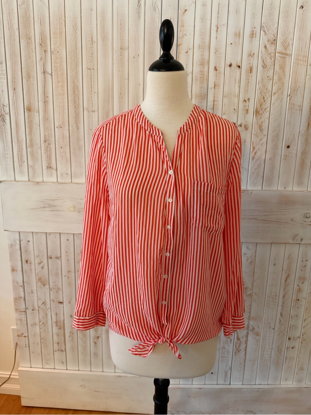 Joie Orange and White Striped Button-Front Tie-Hem Blouse 100% Silk